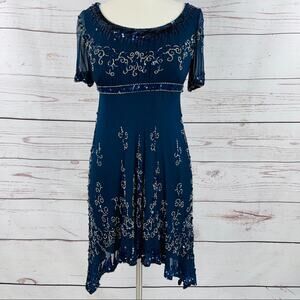 Niteline | Dresses | Niteline By Della Roufogali Silk Navy Gold Beaded  Cocktail Dress Size 6 377 | Poshmark